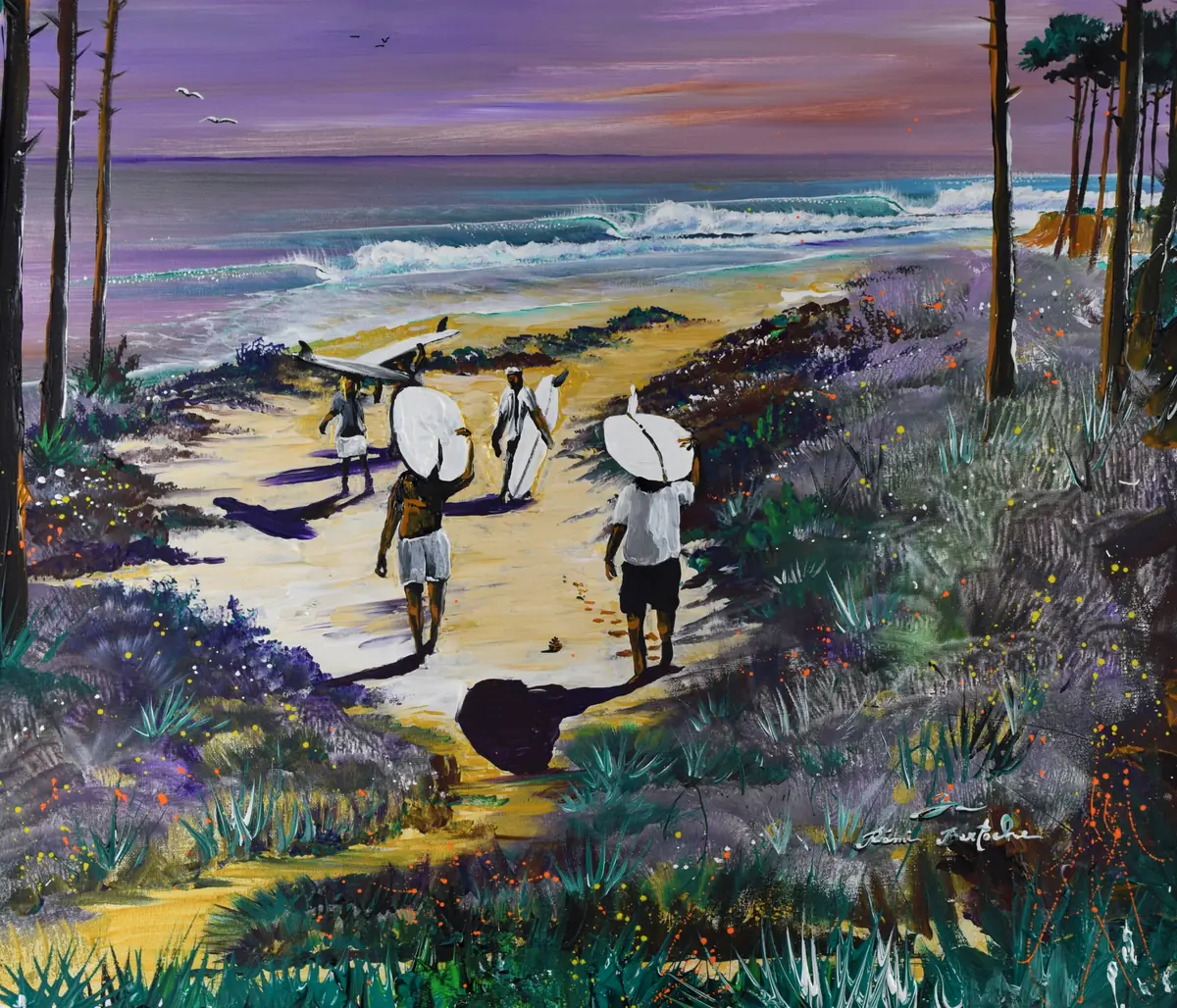 Surfeurs entre pins, plage et océan, peinture de Rémi Bertoche