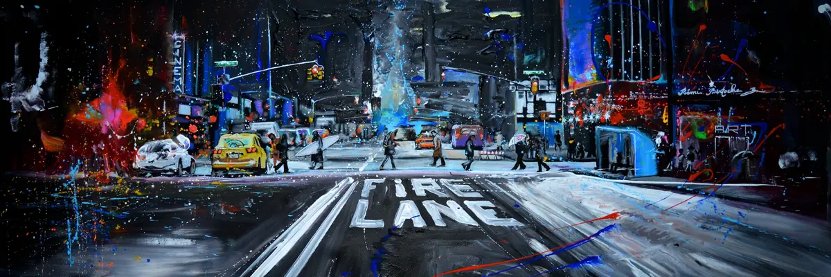 Panorama peint d’une ville enneigée la nuit